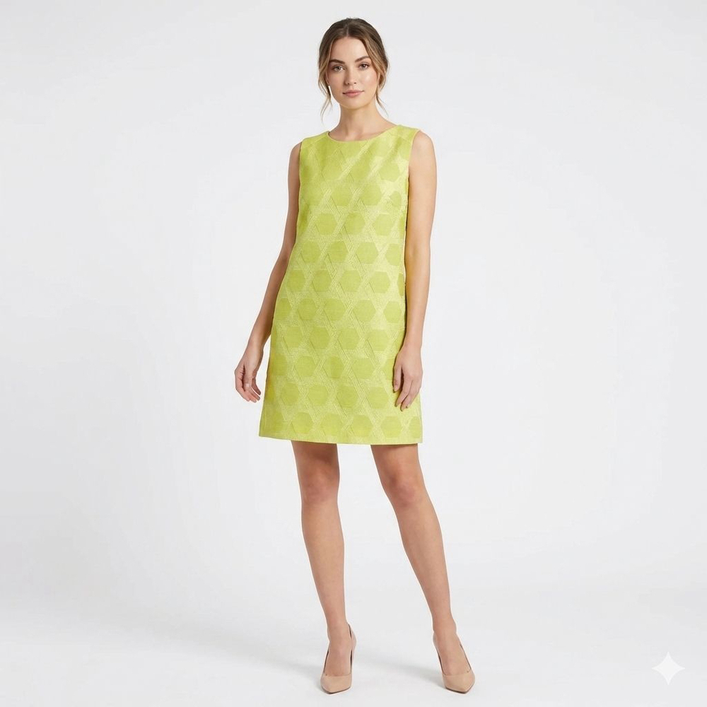 REISS Kiara Chartreuse lime green Geometric Hexagon Jacquard Shift Mini Dress 12